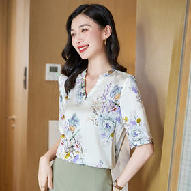 丁摩真丝中袖衬衫新款优雅知性风V领印花桑蚕丝衬衫AL3603