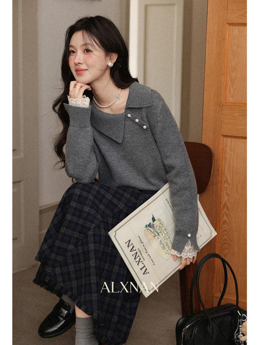 鹿向南「旧笺格痕」斜纹灰色高腰半身裙初女秋显瘦A字格纹长裙子 商品图4