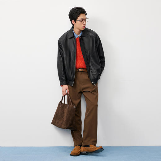 NPC潮牌复古老钱100%【绵羊皮革】翻领夹克男黑色短款秋NP57TJ38 商品图1