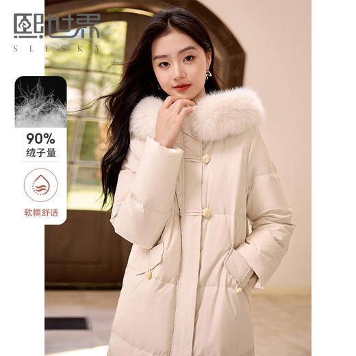 【年终特卖】熙世界羽绒服中长款毛领连帽2025冬季新款保暖防风白鸭绒厚外套 商品图0