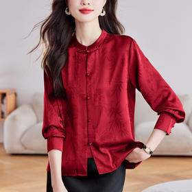 KQL 369H9803新中式缎面提花衬衫国风盘扣立领上衣