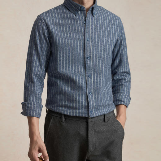 【全棉】罗蒙秋冬长袖条纹衬衫男士纯棉保暖柔软百搭休闲商务通勤长袖衬衣 商品图1