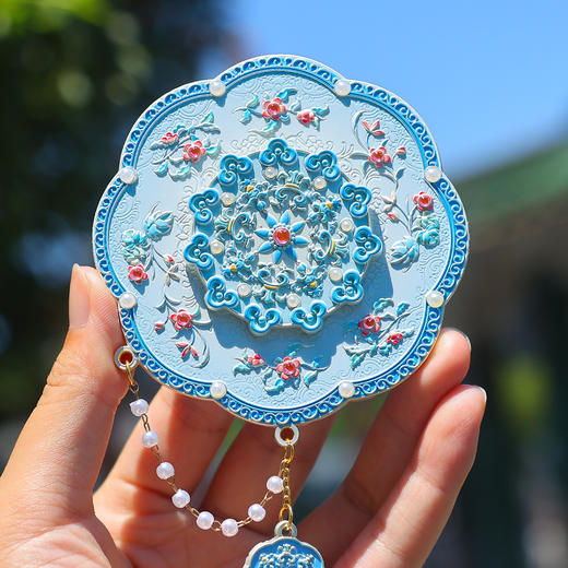 【珠链随身镜礼盒】银蓝凤鸣可悬挂博物文创镜子文创随身便携化妆镜高颜值桌面镜子 商品图3