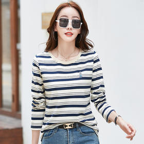 百媚生 棉质条纹刺绣公仔圆领长袖打底衫外穿上衣419