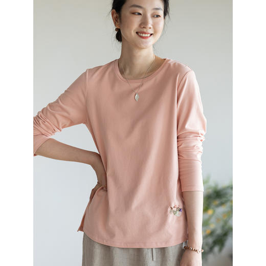 牧衣游原创手工刺绣棉质T恤女秋简约百搭套头圆领长袖上衣 伴星月 商品图2