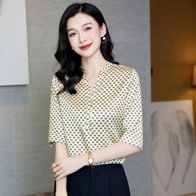 丁摩 真丝中袖衬衫女夏季新款优雅上衣休闲风桑蚕丝衬衫5ZF-3598