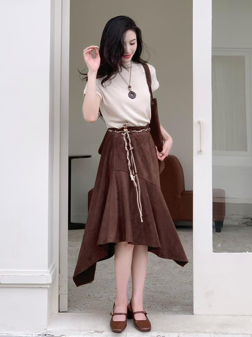 【百图lulu定制】【麂皮半裙】【赠波西米亚腰带】不规则 荷叶边 麂皮半裙 商品图11