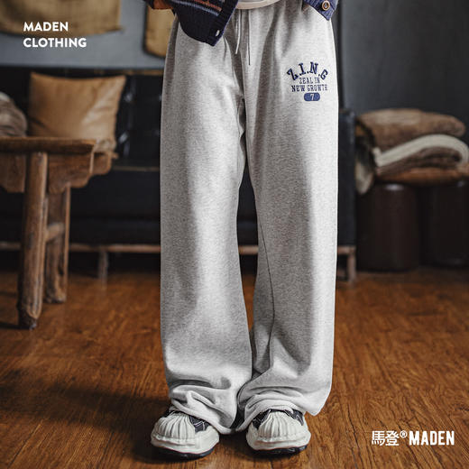 马登2025新款白花灰色高腰直筒阔腿卷边抽绳运动休闲卫裤女士秋季 商品图0