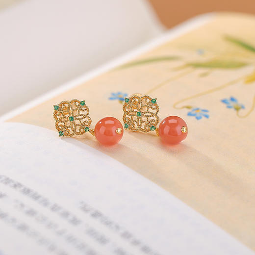 【菲菲红素】S925纯银镀金南红水红玛瑙花纹镂空圆珠耳饰【CW-23280】 商品图2