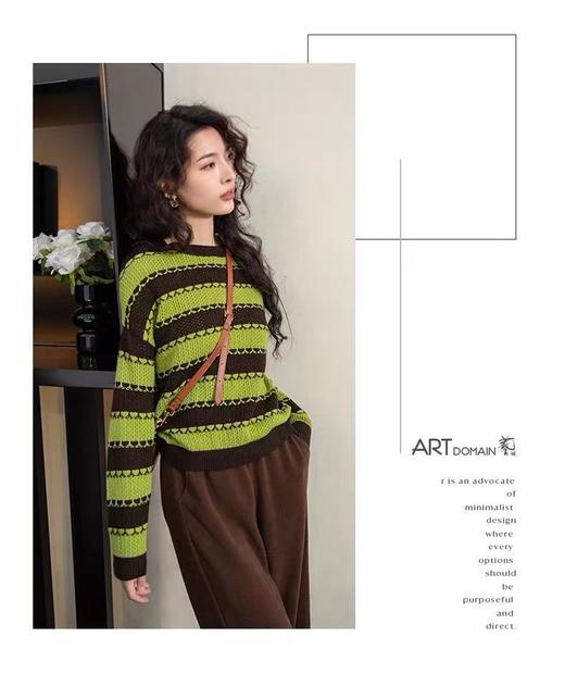 【孤品捡漏】G39绿➕咖圆领拼接镂空针织毛衫-喜出 商品图2