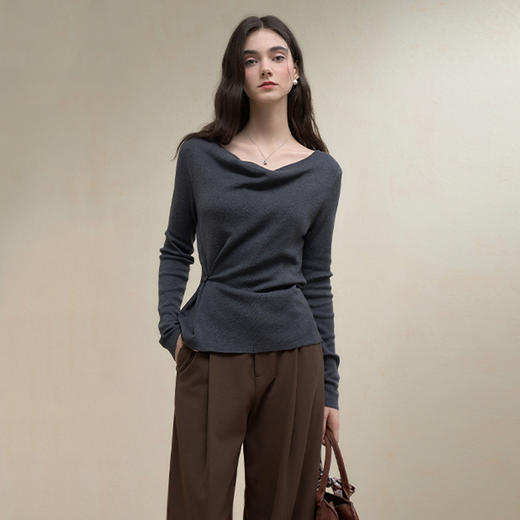 西遇法式荡领气质长袖针织T恤女秋季抽褶收腰显瘦内搭打底衫V2751162 商品图0