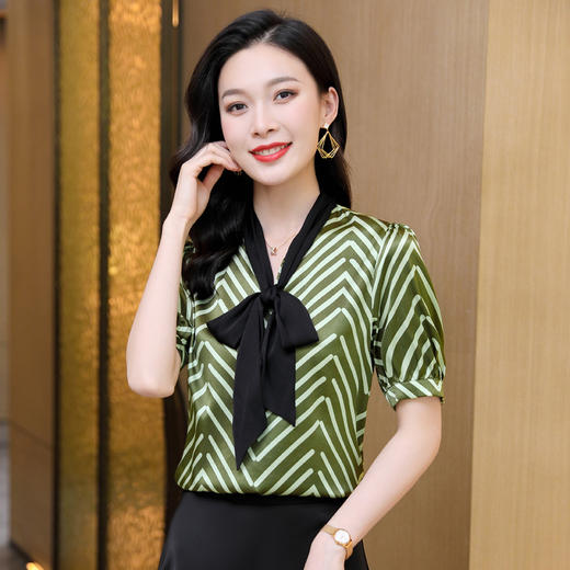 丁摩系带蝴蝶结真丝短袖气质条纹女士衬衫简约优雅上衣AL3572 商品图2