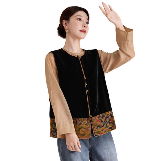 真丝丝绒马甲复古新中式，原创设计拼接撞色百搭香云纱马甲SM-62501737 商品图4