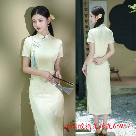 SKY 66957素雅中式长款仿醋酸提花绣花旗袍复古国风 商品图1