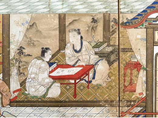 独角鹿西洋古董日本明治时期画师春笑签名出品「东方山水人物」主题纸本设色洒金六曲屏风 商品图1