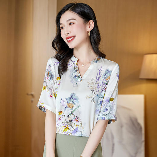 丁摩真丝中袖衬衫新款优雅知性风V领印花桑蚕丝衬衫AL3603 商品图2