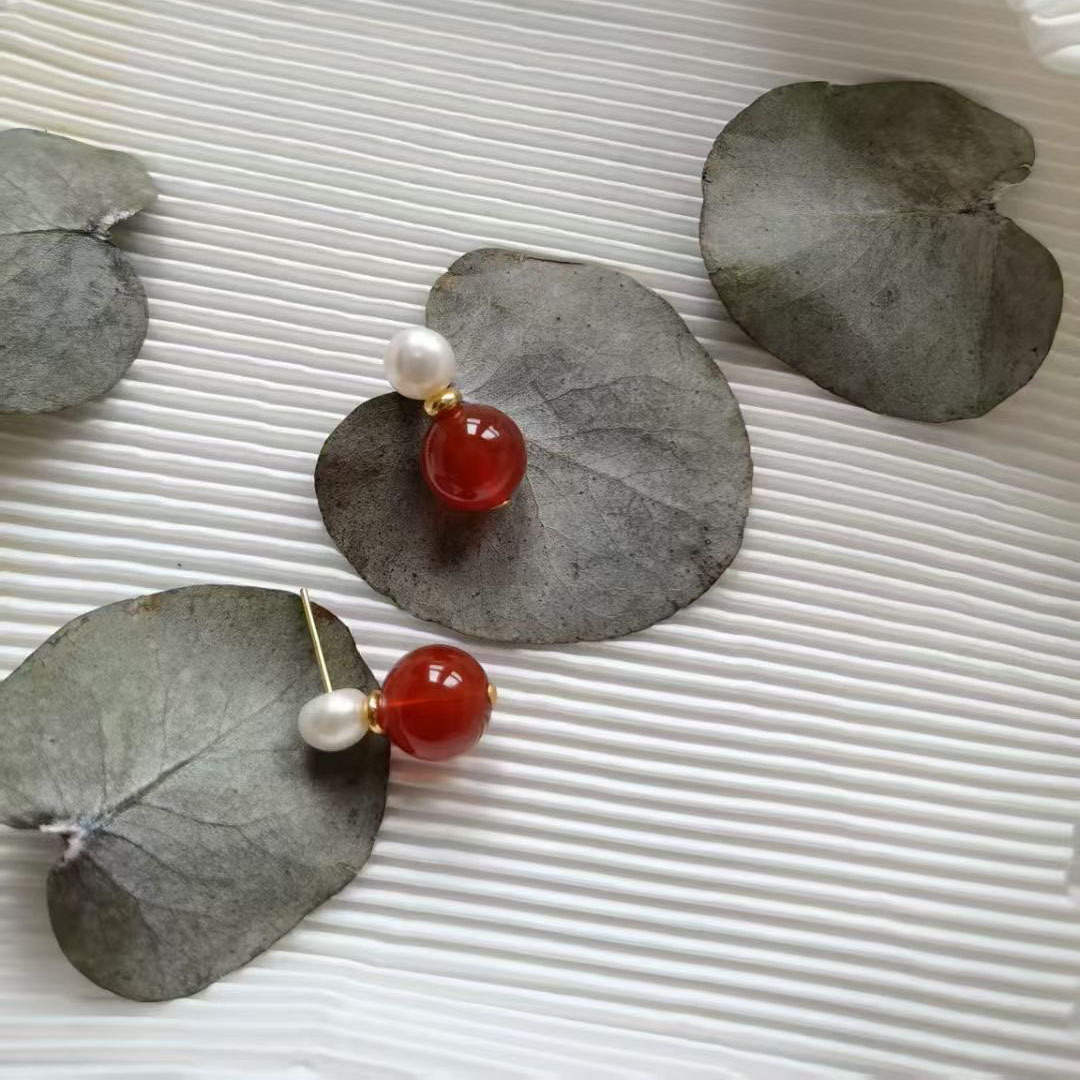 新中式红玛瑙天然淡水珍珠耳钉女S925银针小众轻奢