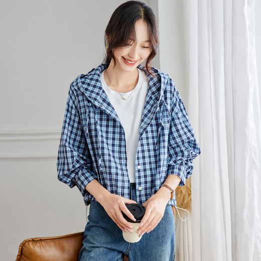 雀说蓝色格子长袖连帽衬衫女装早秋新款通勤韩系宽松小个子衬衣AL57100 商品图2