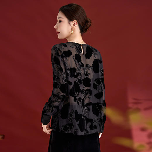 丁摩新款烧花真丝丝绒休闲T恤女时尚轻奢显瘦圆领长袖AL1861 商品图3
