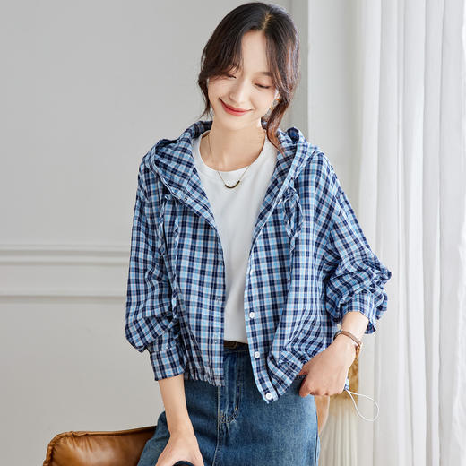 雀说蓝色格子长袖连帽衬衫女装早秋新款通勤韩系宽松小个子衬衣AL57100 商品图5