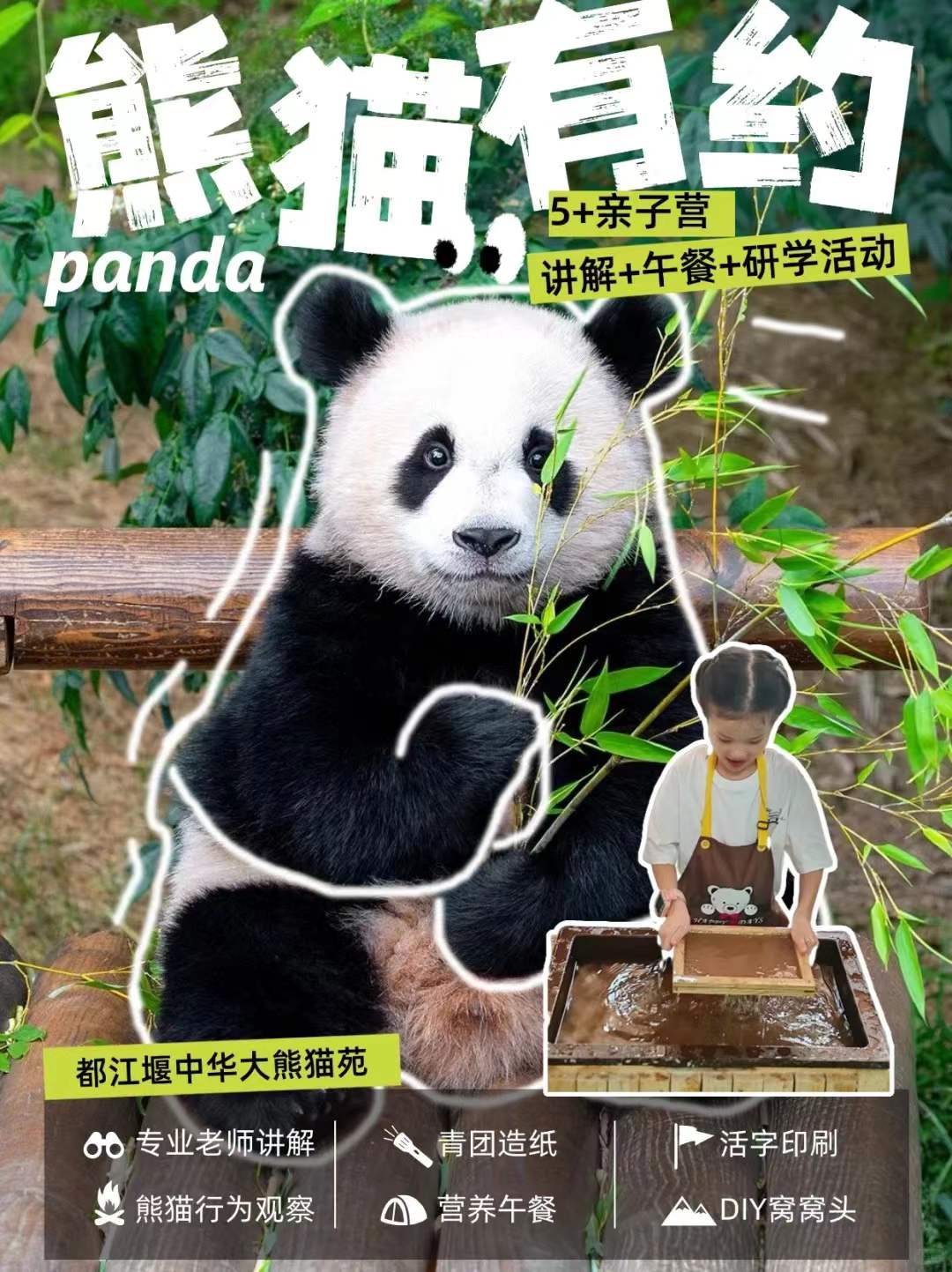 1人成团【都江堰-熊猫有约一日研学】走进大熊猫别墅，“熊猫青团”非遗造纸术，化身熊猫营养师，制作熊猫窝窝头，含大熊猫荣誉证书