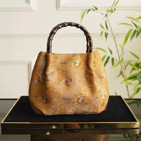 丁摩 熊猫舞狮 重磅宋锦非遗真丝竹节包手提包国风中式金色手拎包5ZF-104