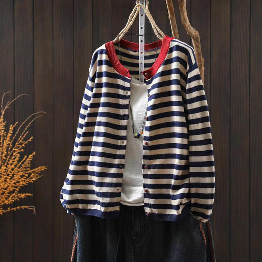 丁摩 新款棉线条纹针织开衫女休闲高级感外搭开衫5ZF-25971 商品图1