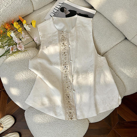 WY7639#7640#新款2025新中式国风提花刺绣马甲女新款直筒裤套装女 商品图1