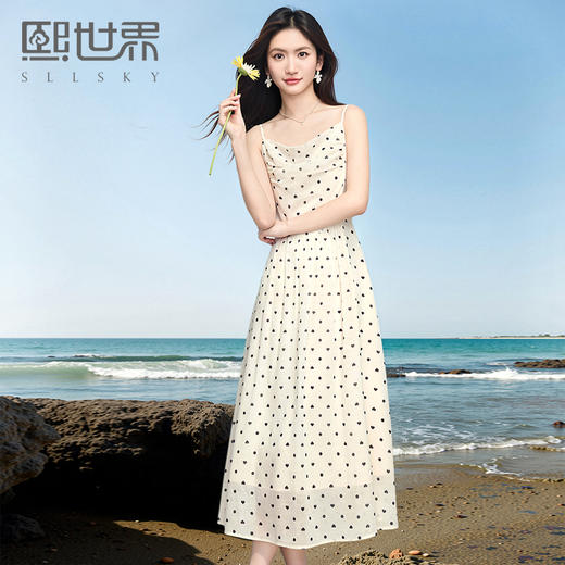 【专属特价】熙世界波尔卡波点吊带连衣裙女2025夏日新款复古法式茶歇a字长裙 商品图0