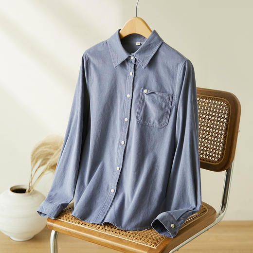 百媚生 纯棉磨毛长袖衬衫女装秋季新款通勤风翻领口袋折角多色休闲衬衣 商品图1