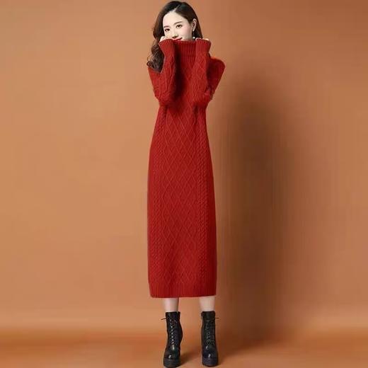 【孤品捡漏】G22大红中长高领菱形格针织毛衣裙-喜出 商品图2