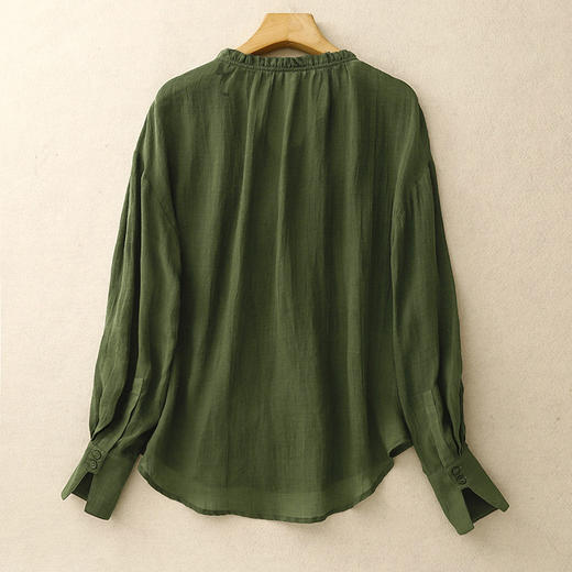 雀说法式绿色苎麻木耳边v领防晒衬衫夏季设计感气质小众衬衣AL 商品图3