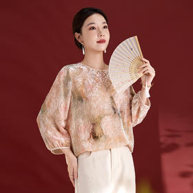 雀说新中式女款圆领真丝丝绒薄款T恤烧花慵懒风新款上衣AL1287