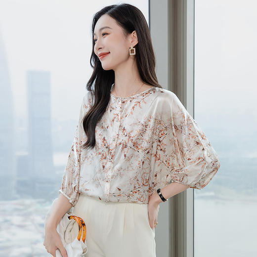 丁摩新款上新复古印花短袖圆领真丝衬衫时髦两穿百搭上衣AL3653 商品图2