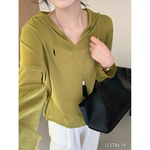 韩系连帽刺绣显瘦薄款针织衫女长袖宽松套头简约百搭微透上衣   YX-11378639 商品图0