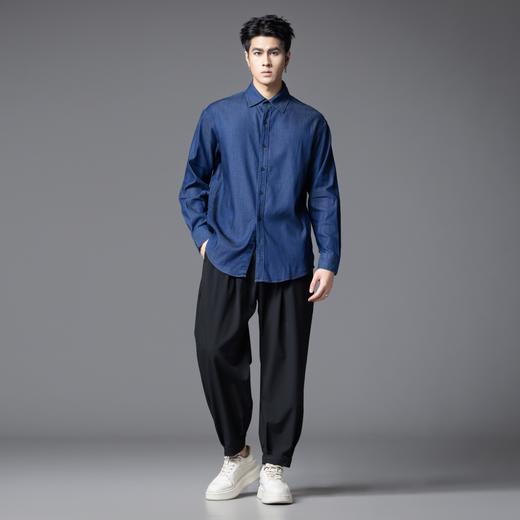 PINLI品立春季新款蓝色牛仔长袖衬衫宽松方领休闲百搭男衬衣GD253113061 商品图4
