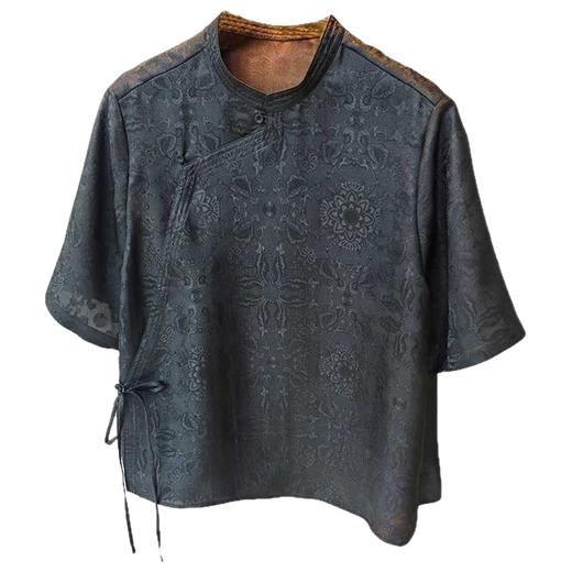 丁摩 夏季新款香云纱桑蚕丝上衣真丝花萝新中式女装衬衫女小衫5ZF-702 商品图4