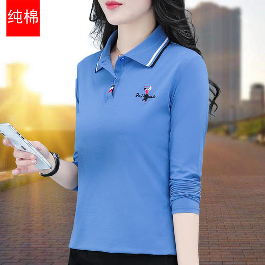 雀说t恤女纯棉长袖polo衫大码翻领打底衫女带领体恤运动女装上衣AL2122 商品图3