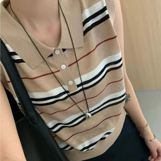 夏秋款polo衫翻领条纹高级感无袖针织衫百搭显瘦女上衣  YX-11383429 商品图2