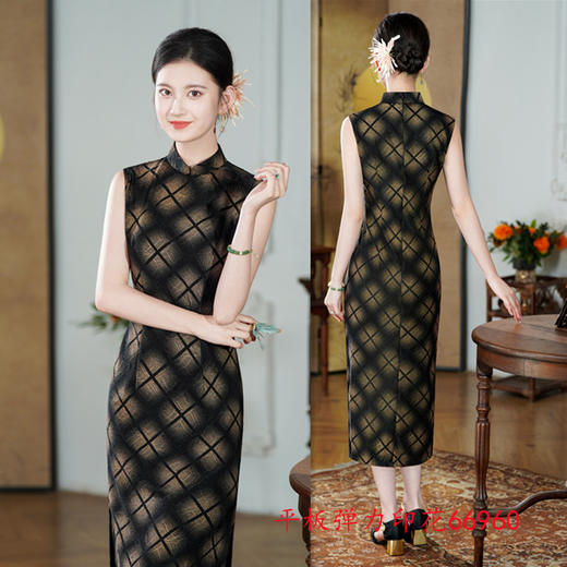 SKY 66959格子长款无袖旗袍复古国风新中式 商品图2