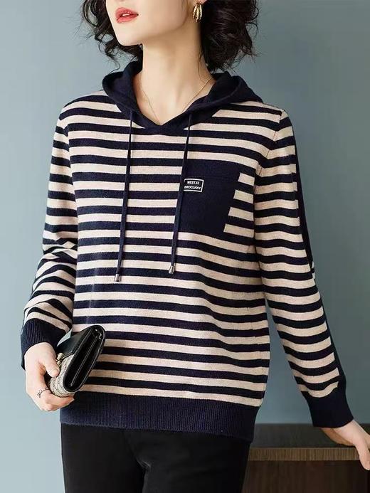 【孤品捡漏】G26藏青➕卡其条纹连帽针织衫-喜出 商品图3