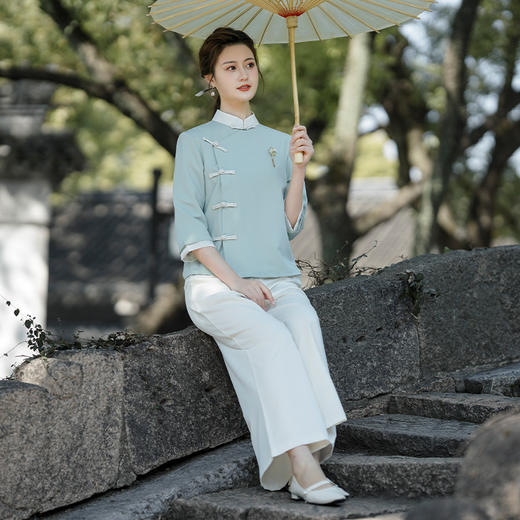 WY6902#免烫抗皱禅意茶服居士服中式唐装阔腿裤套装养生采耳工作服夏 商品图2