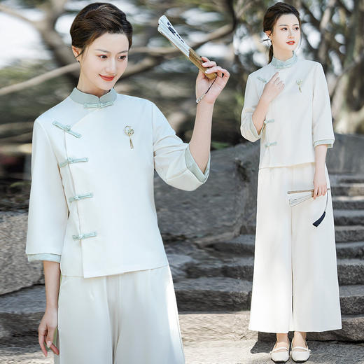 WY6902#免烫抗皱禅意茶服居士服中式唐装阔腿裤套装养生采耳工作服夏 商品图3