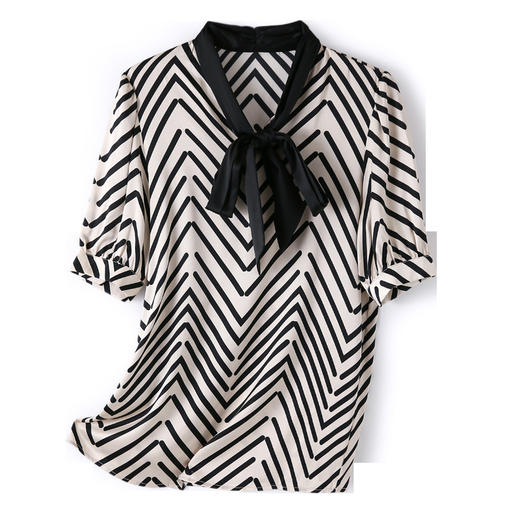 丁摩系带蝴蝶结真丝短袖气质条纹女士衬衫简约优雅上衣AL3572 商品图4