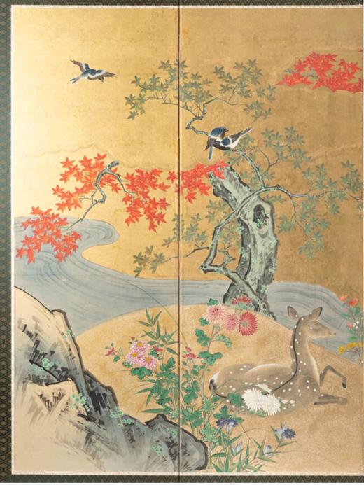 独角鹿西洋古董日本江户时代出品土佐画派风格「枫林鹿群」主题纸本设色金地六曲屏风 商品图3