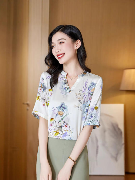 丁摩真丝中袖衬衫新款优雅知性风V领印花桑蚕丝衬衫AL3603 商品图5