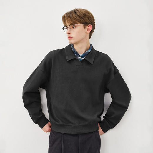714street微宽松落肩纯棉polo领卫衣男2025秋季潮牌情侣长袖上衣 商品图1
