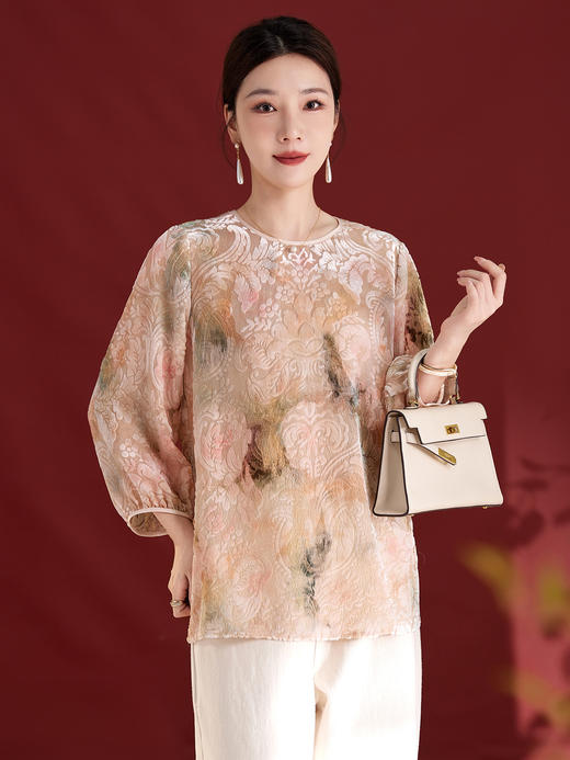 雀说新中式女款圆领真丝丝绒薄款T恤烧花慵懒风新款上衣AL1287 商品图5