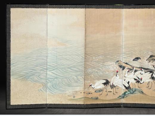 独角鹿西洋古董日本明治时期画师梁古源俊签名出品「浪迎群鹤」主题纸本设色洒金六曲屏风 商品图1