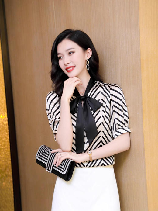 丁摩系带蝴蝶结真丝短袖气质条纹女士衬衫简约优雅上衣AL3572 商品图6